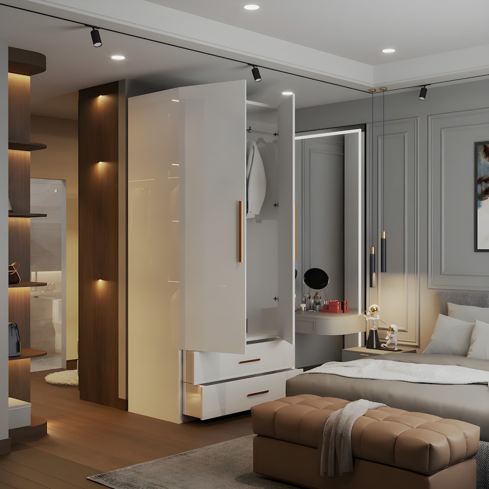 image 1 of Modern 2 Door High Gloss Wardrobe with Mirror, Drawers & Hanging Rail