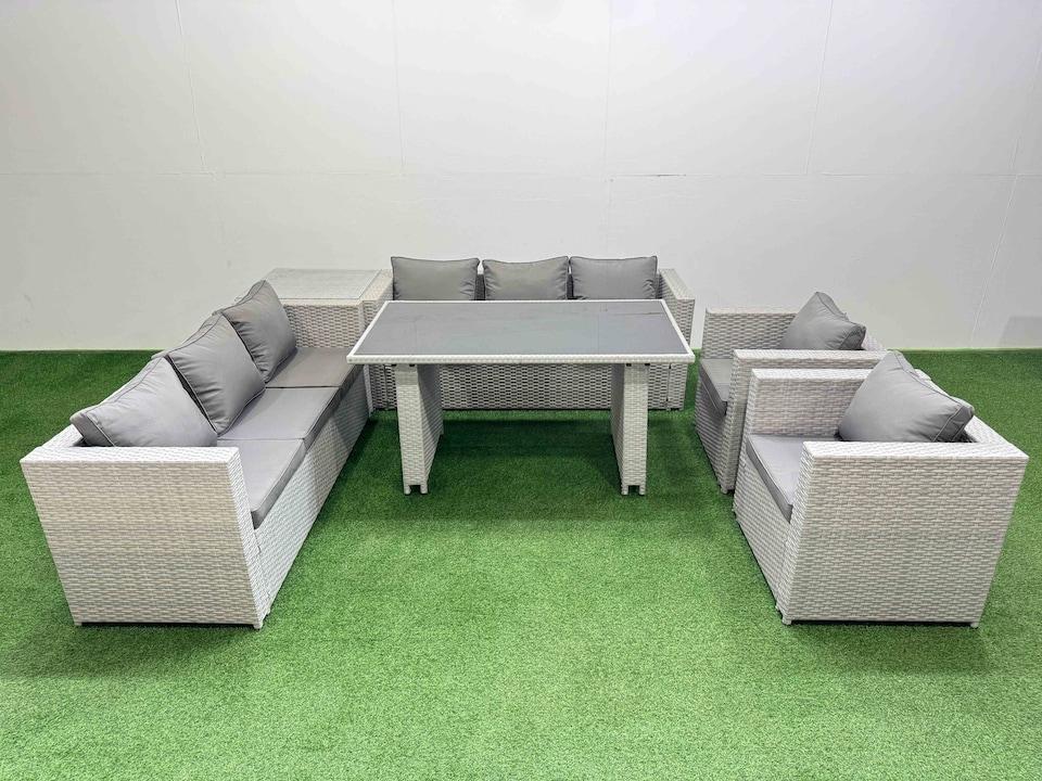 image 1 of Fimous 8 Seater Wicker PE Rattan Furniture Outdoor Dining Table 3 Seater Sofa Armchair Set with Side Table Light Grey