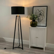 ValueLights Lottie Black Wood Tripod Floor Lamp with Black and Gold Drum Shade and LED Bulb