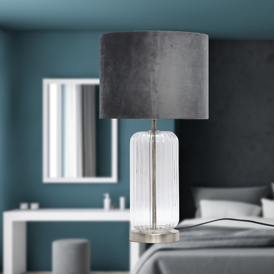 image 1 of Walpole - Fluted Glass Brushed Chrome 49cm Table Lamp with Grey Shade | Chrome | Satin nickel plate with clear glass detail and grey velvet | 1