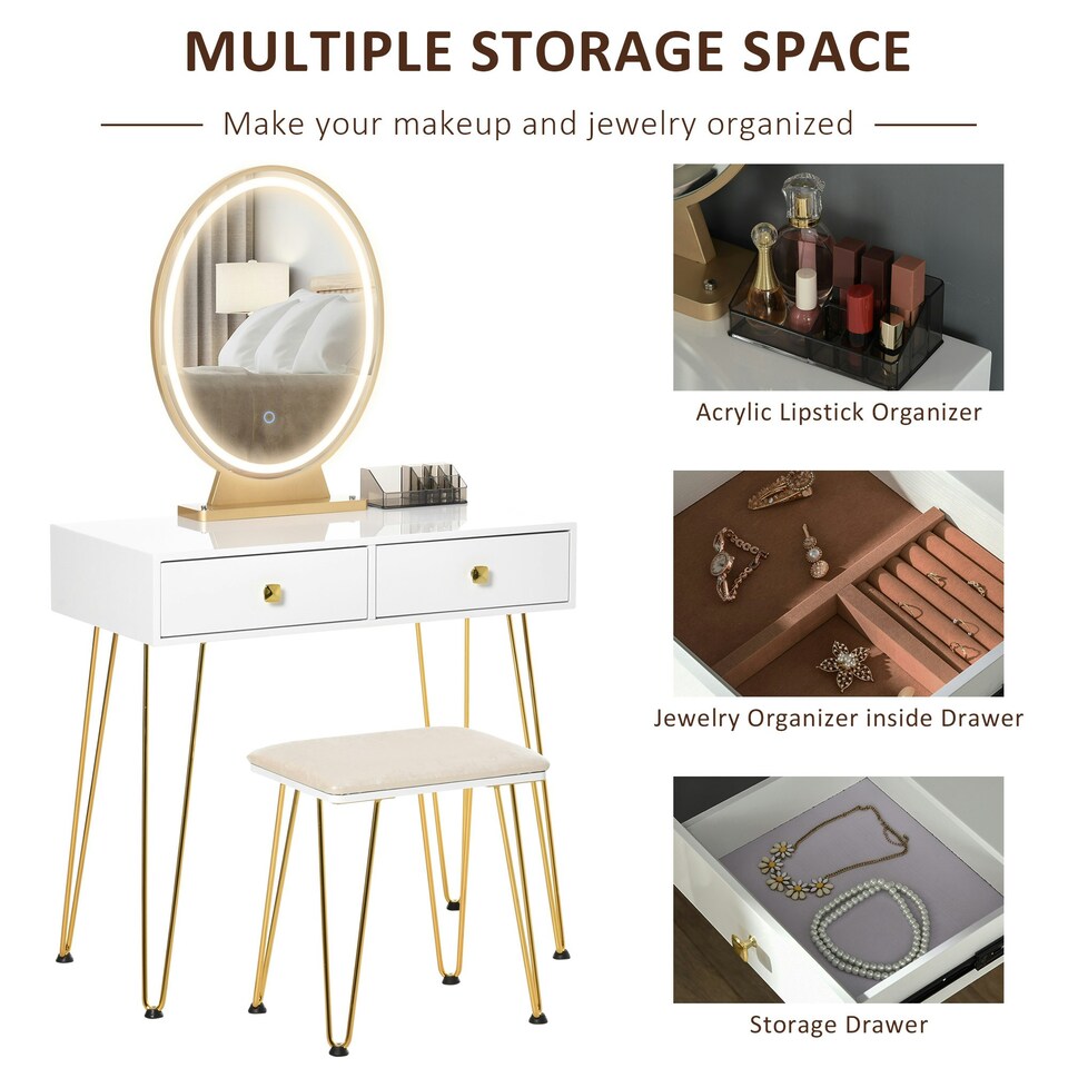 image 1 of HOMCOM Dressing Table Set With LED Mirror & Stool 2 Drawers Makeup Desk