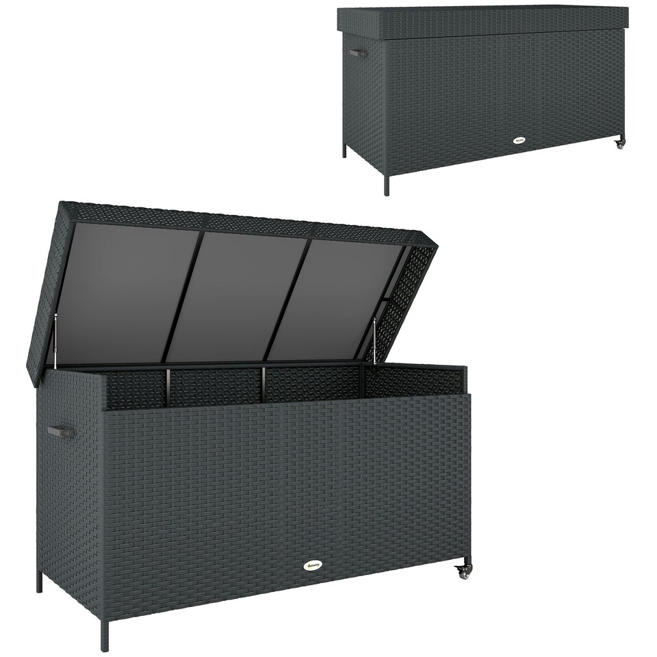 image 1 of Outsunny 627 L Rattan Garden Storage Box with Gas Lift Lid and Wheels Grey | Dark Grey | 153 x 69 x 85 cm
