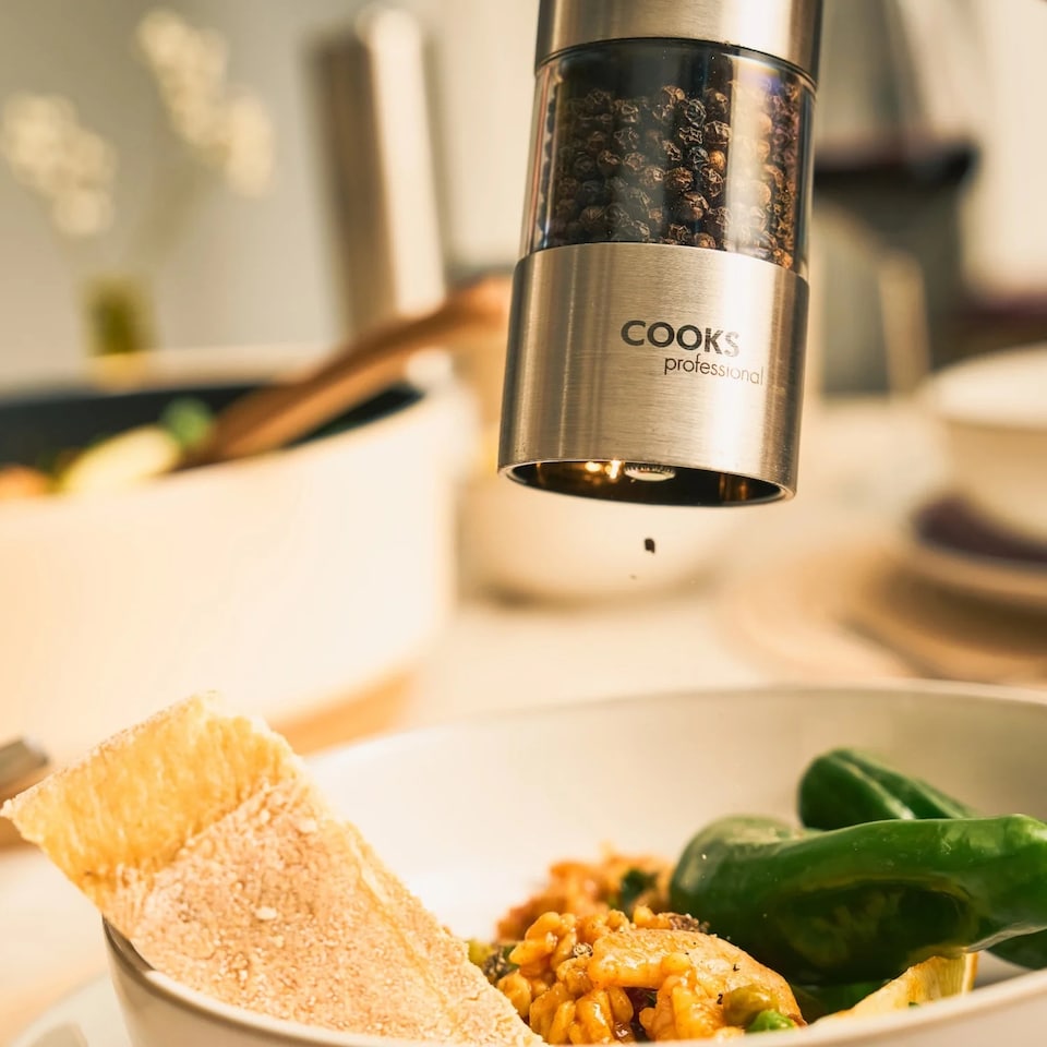 image 1 of Cooks Professional Electric Salt & Pepper Mill - Stainless Steel Automatic Grinder | Silver | Silver | 2