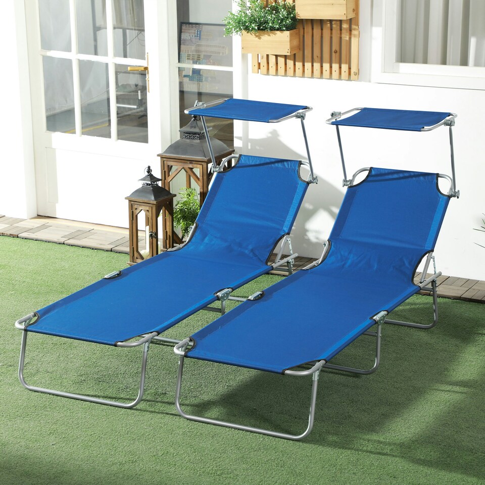 image 1 of Outsunny Folding Sun Lounger Set of 2 w/ Sunshade Adjustable Backrest Blue