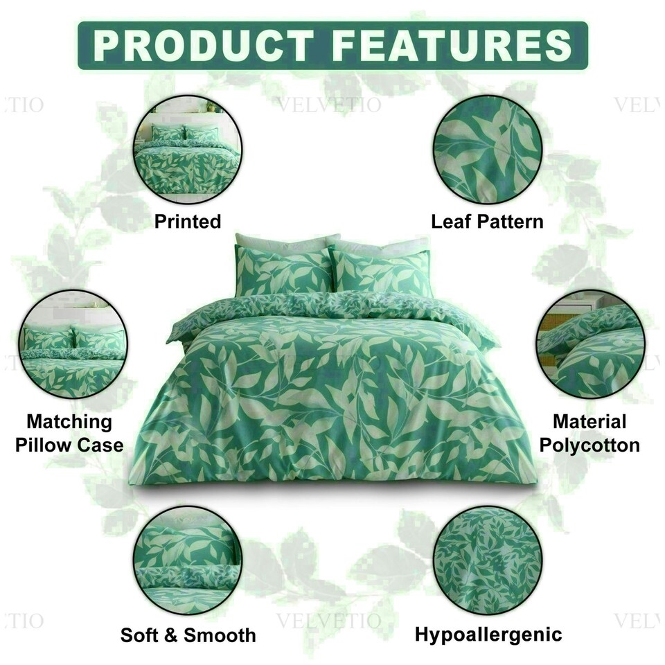 image 1 of Canyon Leaf Printed Duvet Cover Set Reversible Polycotton Beddings Green | Single