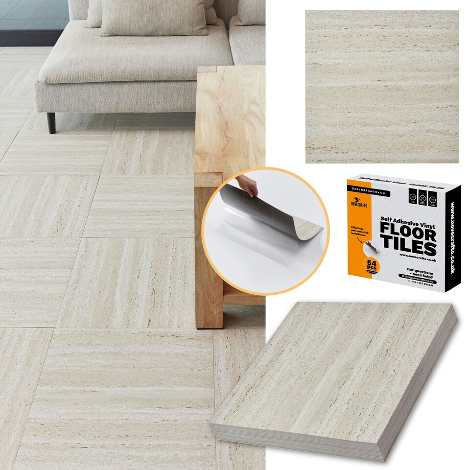 image 1 of NOVECRAFTO Vinyl Floor Tile – Self Adhesive 18x18 in – Travertine Dune – Peel & Stick for Kitchen, Bathroom & Living Room – Waterproof & Easy DIY Brown | 4.18 sqm