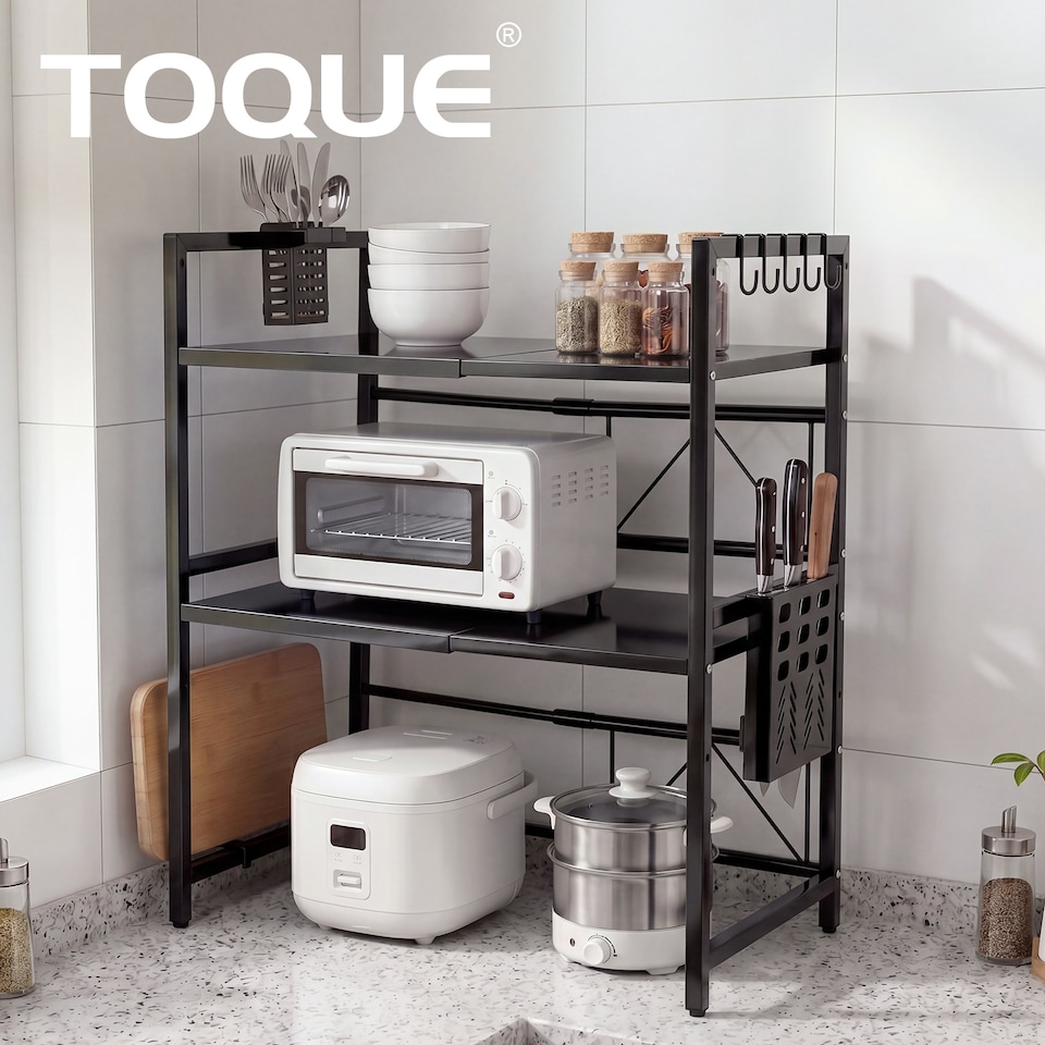 image 1 of TOQUE 3 Tier Expandable Microwave Oven Rack Stand Kitchen Storage Shelf Black