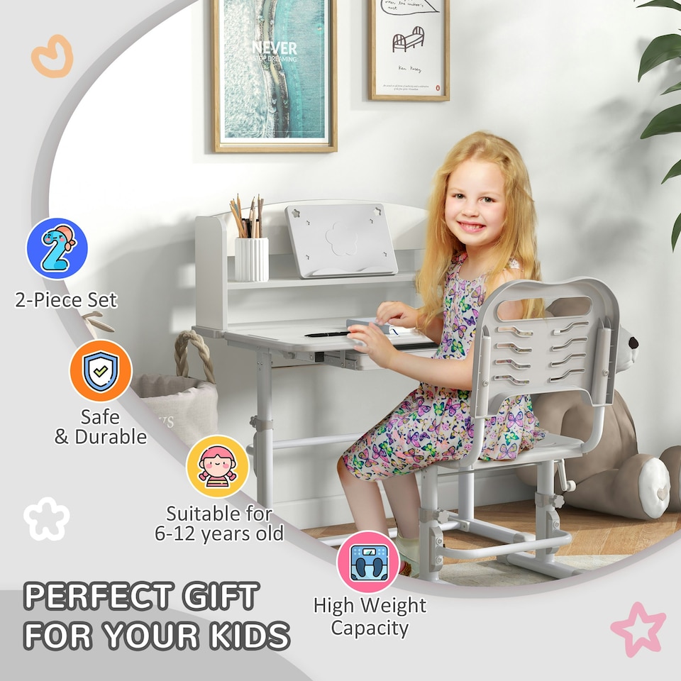 image 1 of ZONEKIZ Height Adjustable Kids Desk and Chair Set, with Drawer, Bookshelf Grey