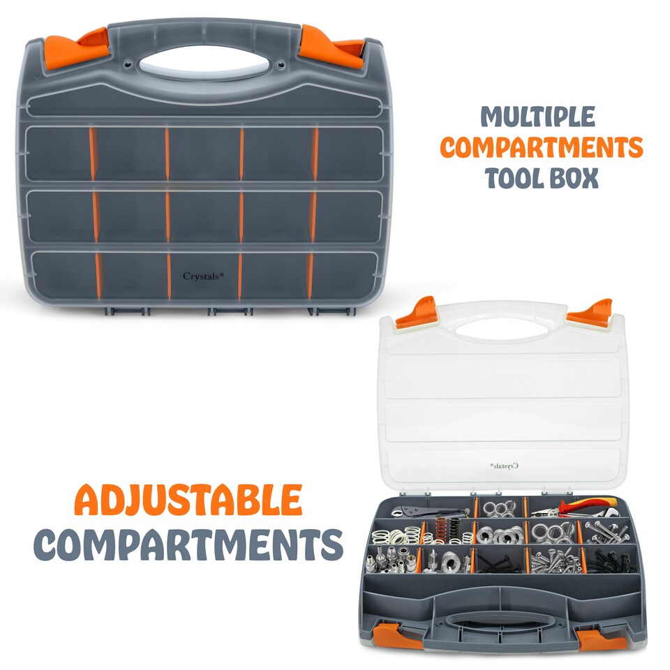 image 1 of 32 Compartment Double Sided Storage Box Tool Organiser Carry Case for Screws & Small Parts | Grey