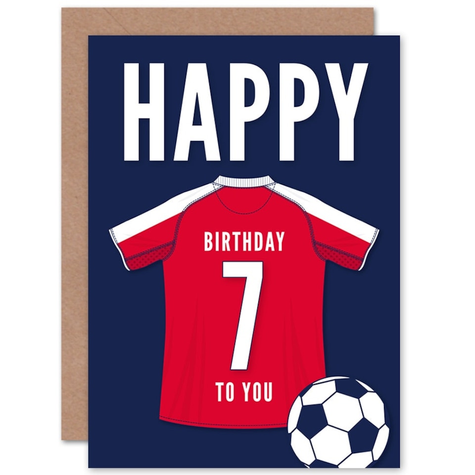 image 1 of Football Strip Kit White Red Top On Age 7 Year Old Child Kids 7th Birthday Card