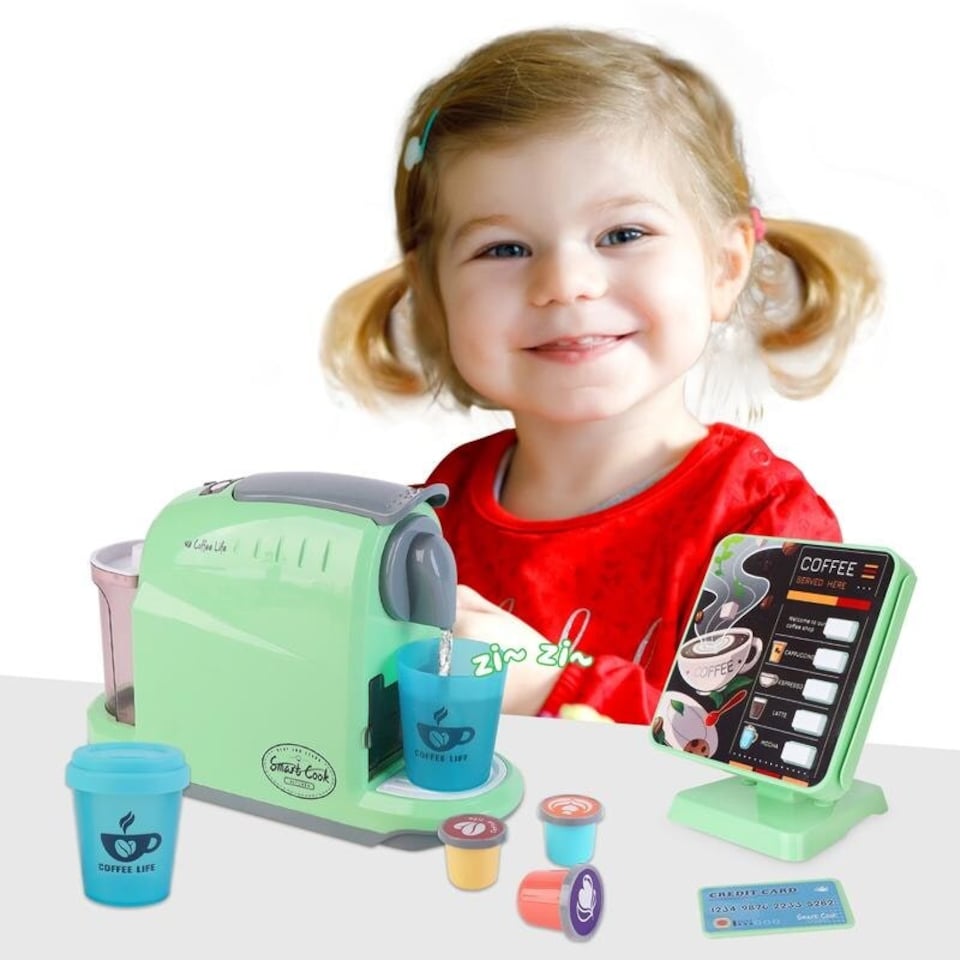 image 1 of Coffee Shop Set with Coffee Maker Toy Menus Cash Register Play Food Set for Toddlers 3 plus