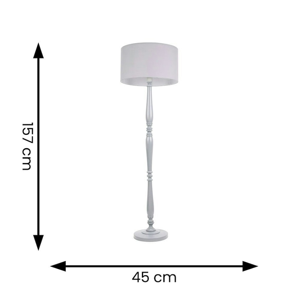 image 1 of ValueLights Victoria Grey Wood Traditional Stem Floor Lamp with Grey Fabric Drum Shade and LED Bulb