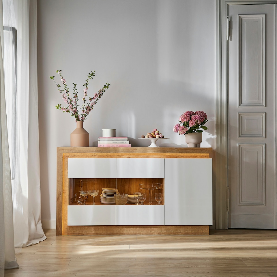 image 1 of Lyon 3 Door Glazed Sideboard in Riviera Oak/White High Gloss