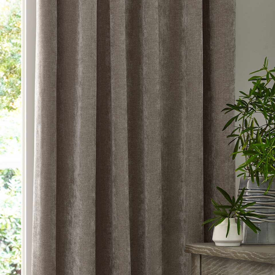 image 1 of Heavy Chenille Blackout Pencil Pleat Curtain Pair | Grey | Greige | 2