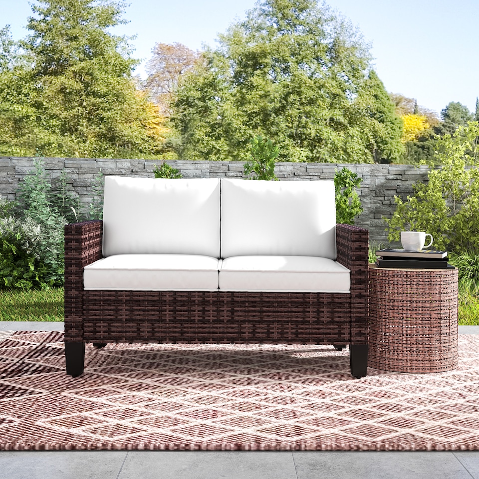 image 1 of Outsunny 2 Seater Rattan Sofa with Cushions, Wicker Garden Loveseat with Armrests, Outdoor Garden Sofa Couch with Steel Frame for Balcony, Porch, Brown