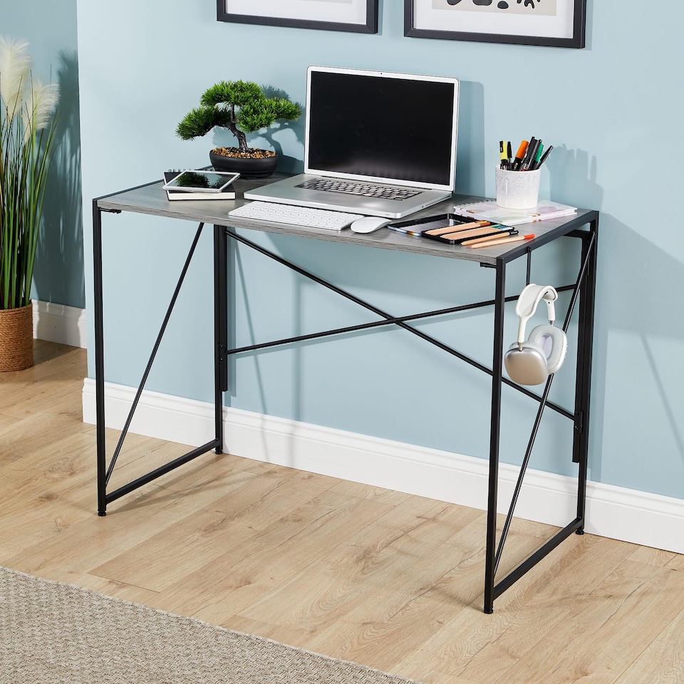 image 1 of Folding Compact Desk Storage Hook Wood Metal Office Computer Table Workstation | Grey
