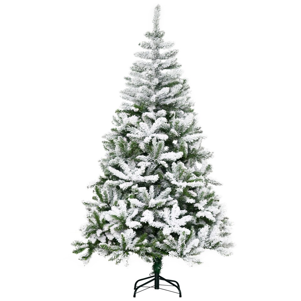 image 1 of HOMCOM 6 Ft Snow Flocked Artificial Christmas Tree mas Pine Tree with Realistic Branches, Auto Open and Steel Base, Green