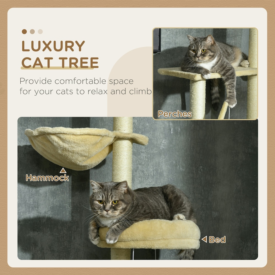 image 1 of PawHut Floor To Ceiling Cat Tree 6-Tier with Scratch Post Bed Hammock Beige