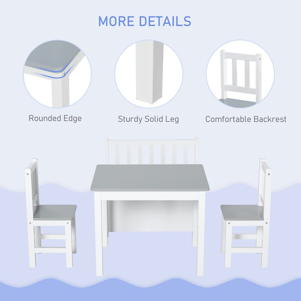 image 1 of HOMCOM 4-Piece Set Kids Wood Table Chair Bench w/ Storage Function for 3 Years+ Grey