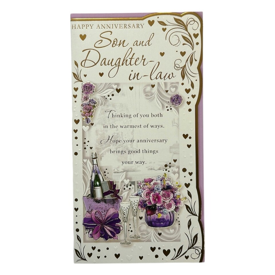 image 1 of Son & Daughter-in-Law Purple Floral Design Opacity Anniversary Card