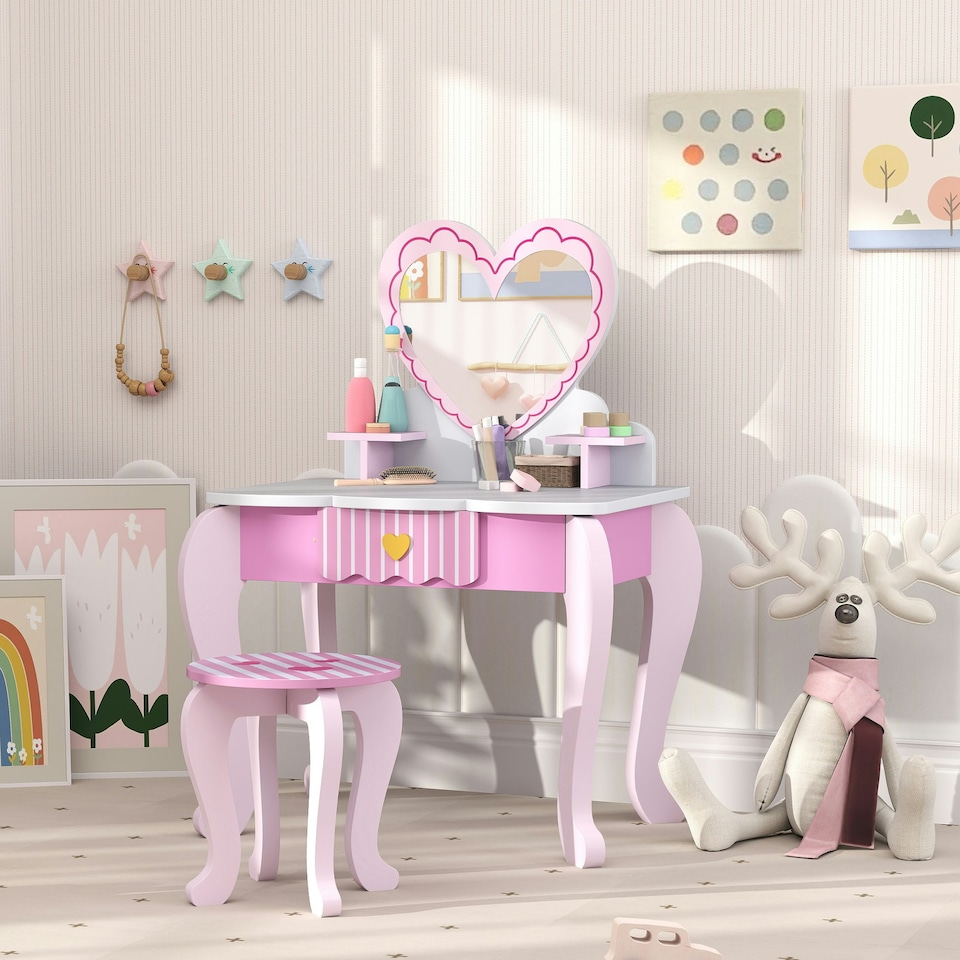 image 1 of AIYAPLAY Kids Dressing Table Set, Two-Piece Children Vanity Table with Stool