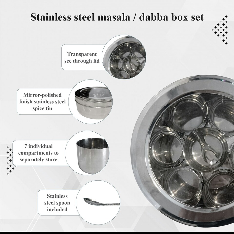 image 1 of Buckingham Stainless Steel Massala Dabba set , 7 cups + 1 Spoon , 22.5 cm with Acrylic / SS Lid Silver