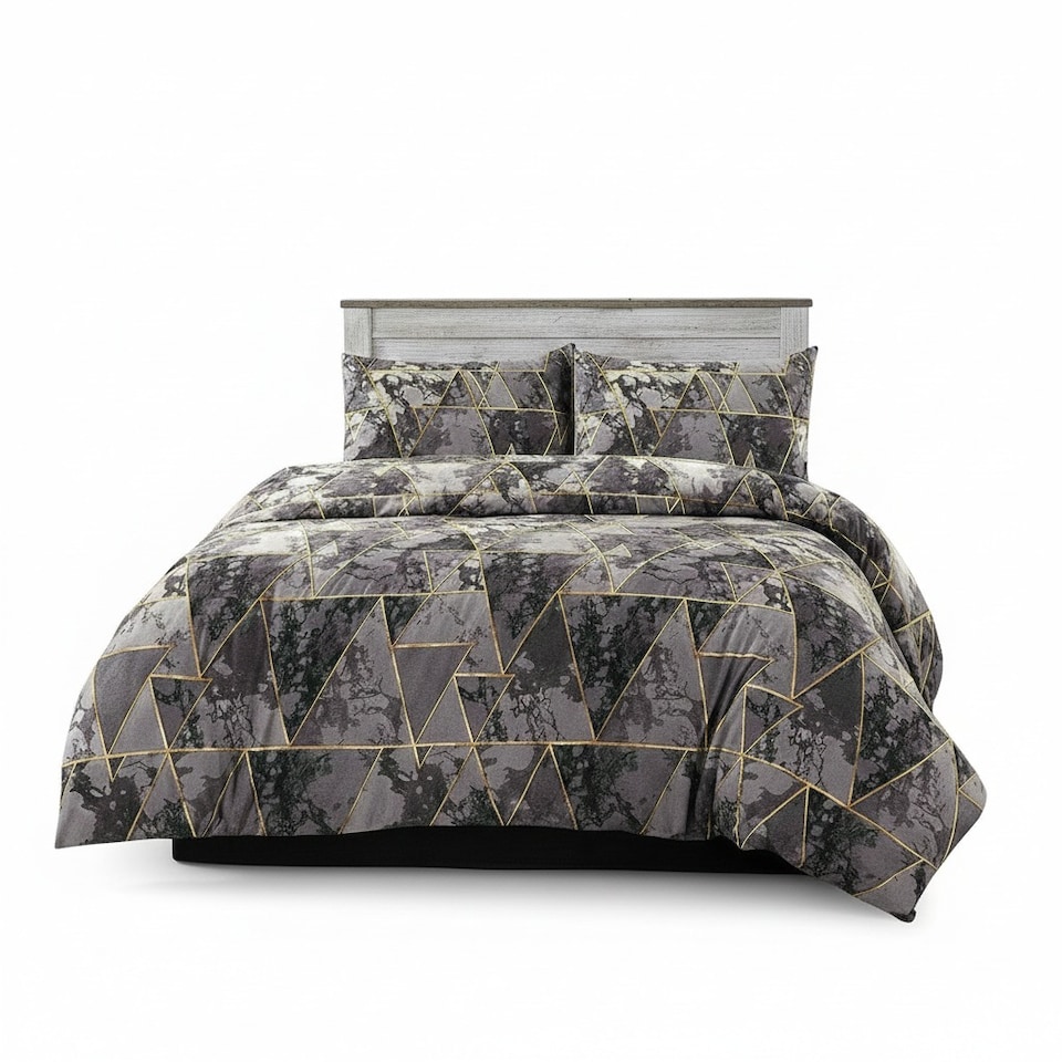 image 1 of Geometric Triangle Duvet Cover Set Stylish Easy Care Bedding with Pillowcases | Grey | King
