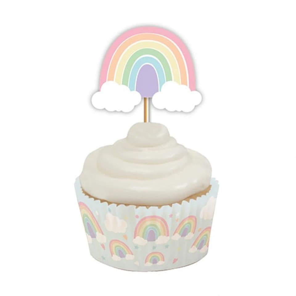 image 1 of Pastel Rainbow Cupcake Food Pick Toppers - Pack of 12