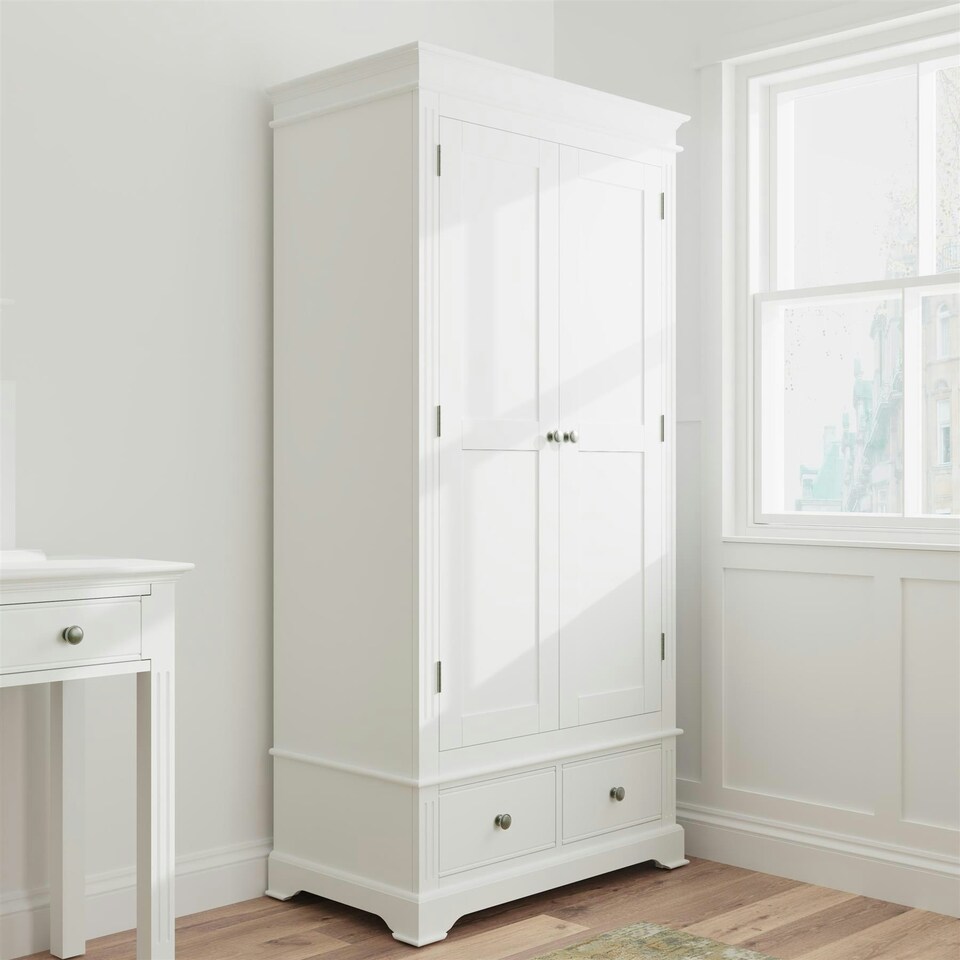 image 1 of 2 Door Wardrobe 2 Storage Drawers Hanging Clothes Rail White Pine and MDF White