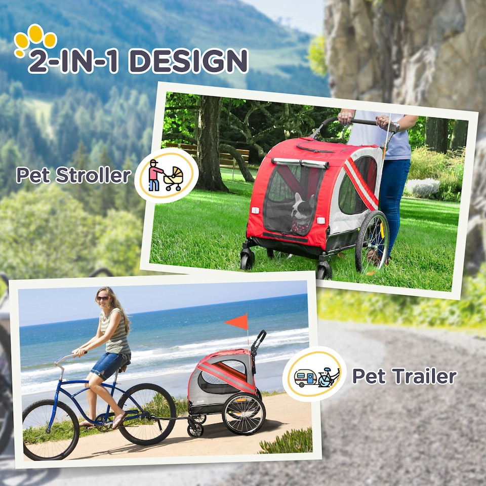 image 1 of PawHut 2-In-1 Dog Bike Trailer Stroller w/ Universal Wheel Reflector Flag Red