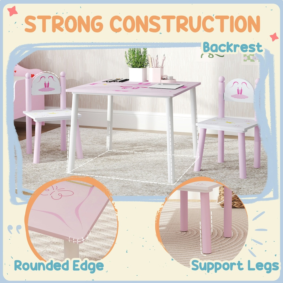 image 1 of AIYAPLAY Princess-Designed Toddler Table and 2 Chairs Set, for Playroom Pink