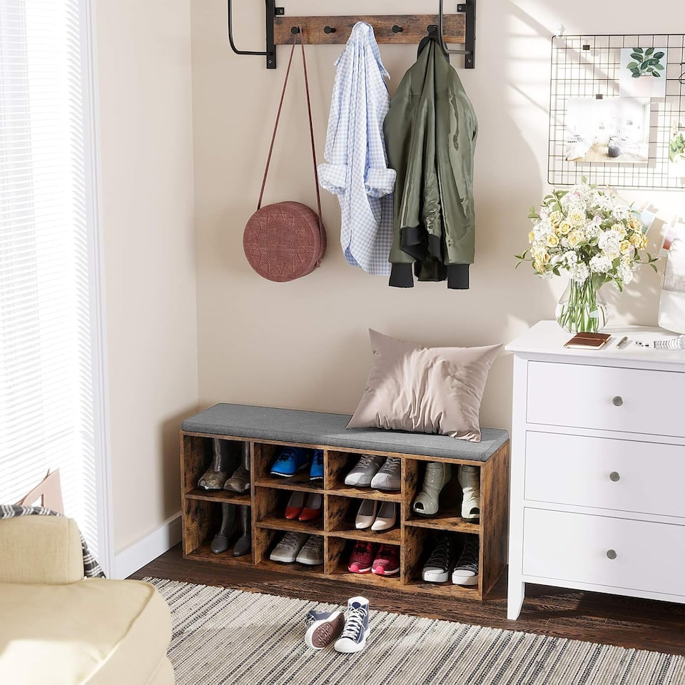 image 1 of 10-Compartment Entryway Shoe Storage Cabinet with Cushioned Seat, Rustic Brown and Grey