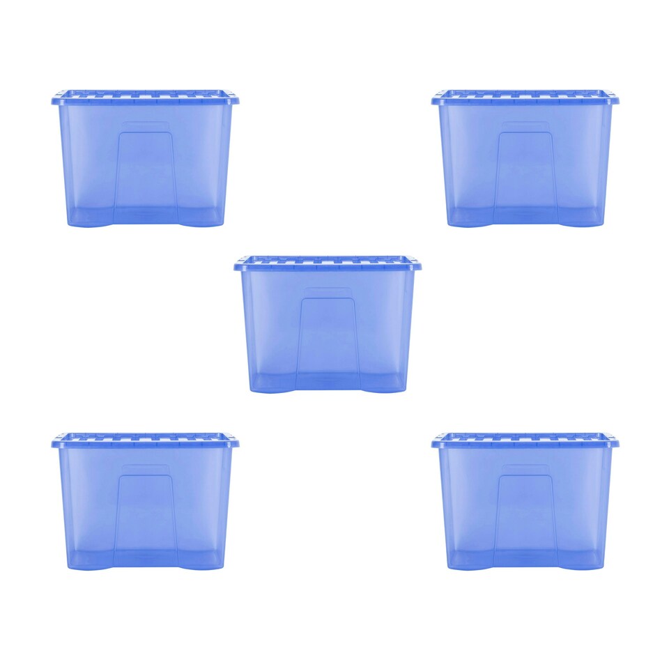 image 1 of Wham Crystal 5 x 80L Stackable Plastic Storage Boxes with Lids Blue