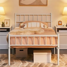 Yaheetech 3ft Single Metal Bed Frame with Slatted Headboard White
