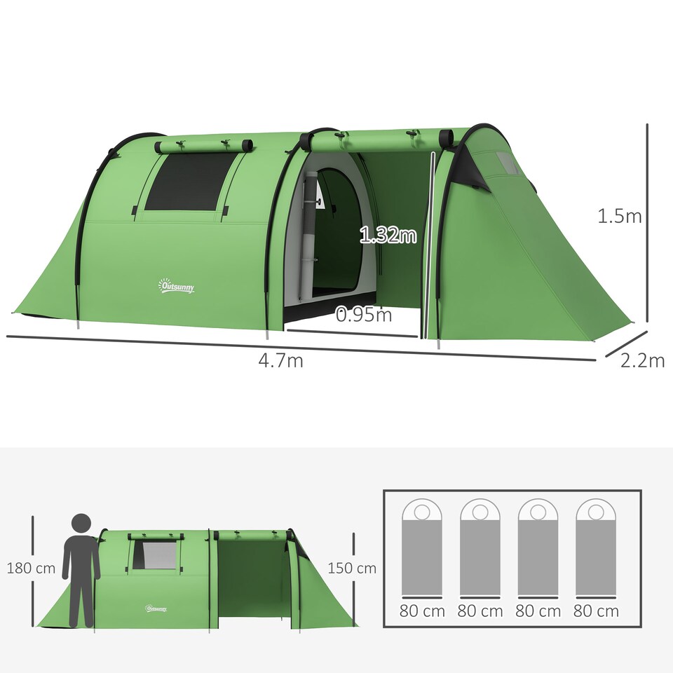 image 1 of Outsunny 2 Room Camping Family Tent for 3-4 Man, 3000mm Waterproof, Green