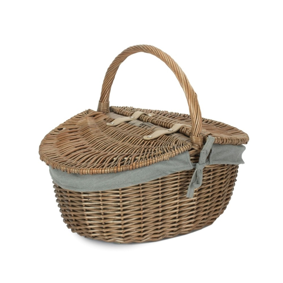 image 1 of Antique Wash Finish Oval Lined Picnic Basket Blue | Navy Blue | One Size