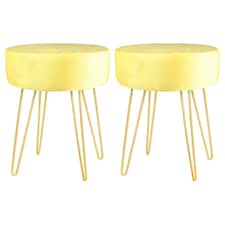 Harbour Housewares Set Of 2 Yellow Velvet Footstools Round Gold Base Ottomans H40 x D35cm Stylish Home Furniture Yellow