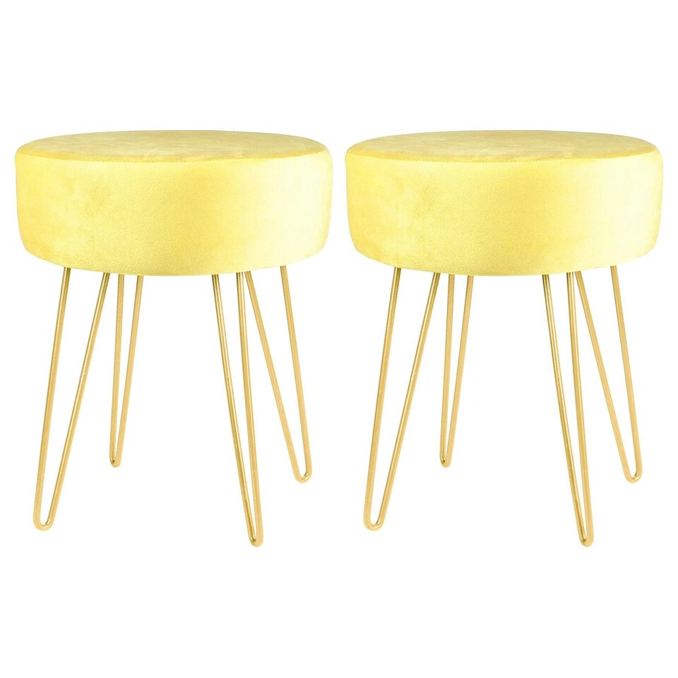 image 1 of Harbour Housewares Set Of 2 Yellow Velvet Footstools Round Gold Base Ottomans H40 x D35cm Stylish Home Furniture Yellow