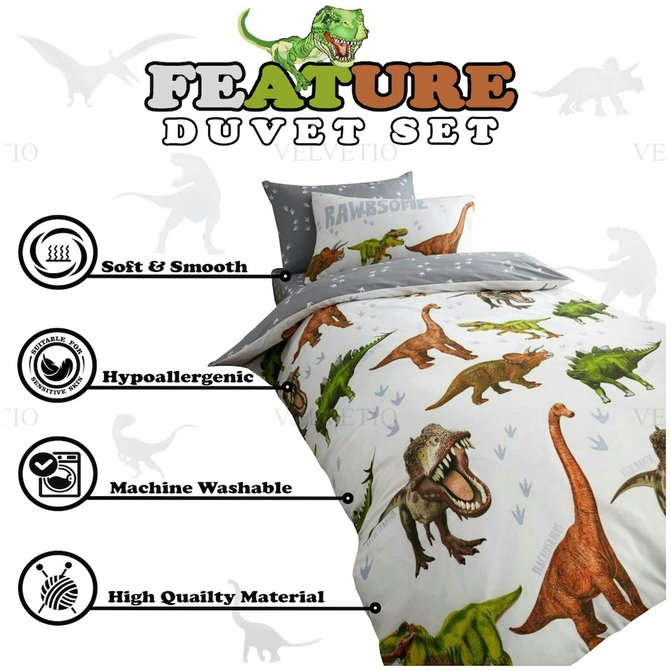 image 1 of VELVETIO Dinosaur Duvet Cover Set Soft Polycotton Kids Beddings Multi | Single