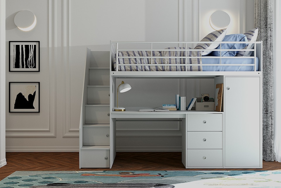 image 1 of Dakota High Sleeper Bed Frame with Desk and Storage in Grey | Grey | Single