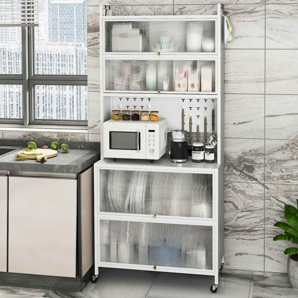 image 1 of COSTWAY 6-Tier Kitchen Pantry Cabinet Buffet Cabinet White White