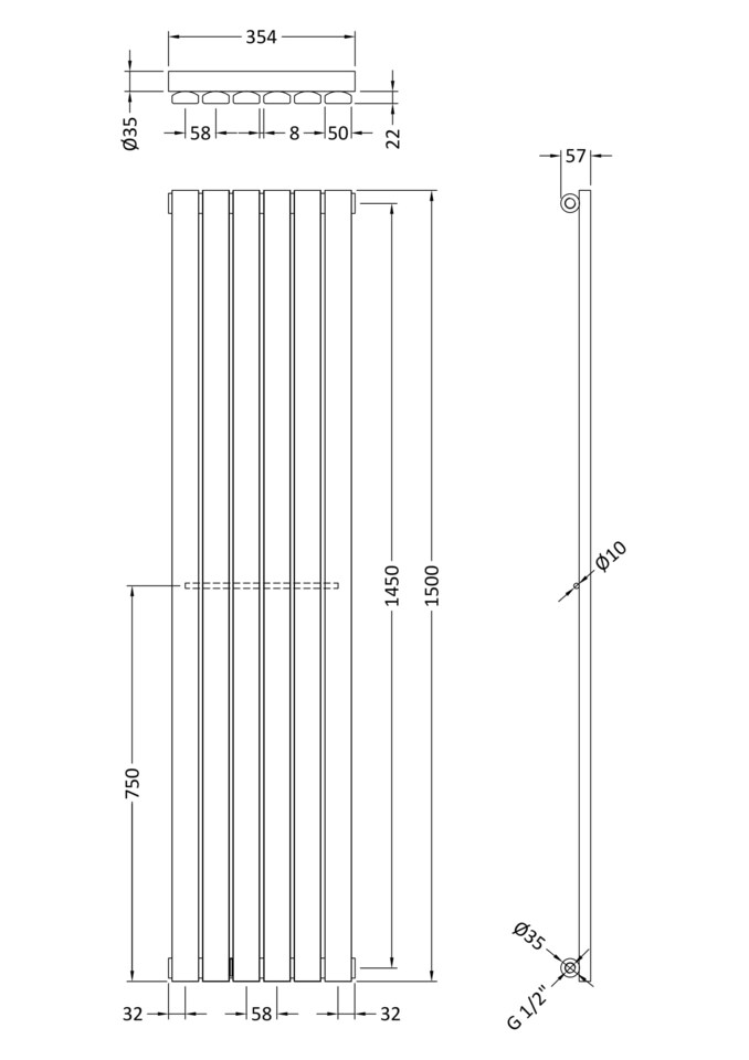 image 1 of Lucia Square Vertical Single Panel Radiator 1500 x 354mm - Satin White | White | Satin White | 1