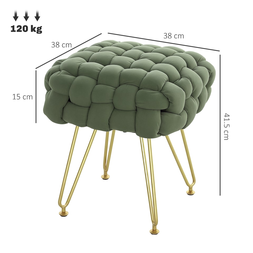 image 1 of HOMCOM Square Foot Stool, Woven Footrest Ottoman with Metal Legs, Padded Makeup Vanity Stool, Velvet Dressing Table Seat for Bedroom, Dark Green | Green | 1