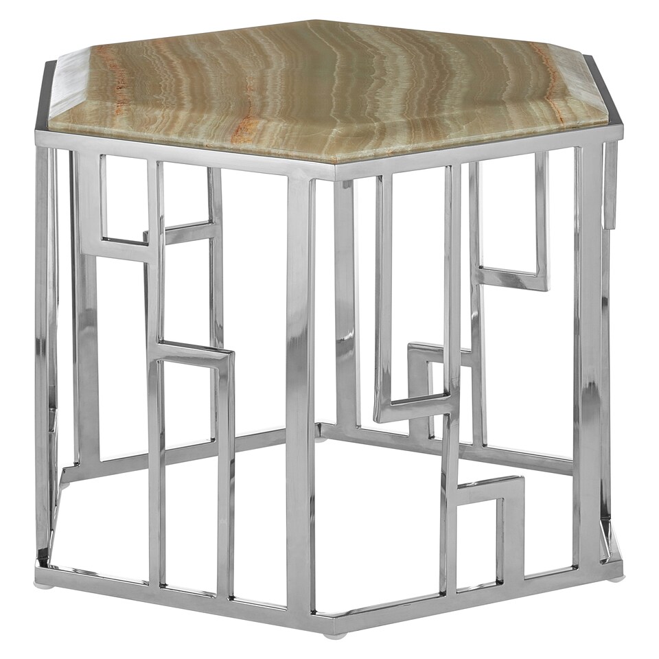 image 1 of Stainless Steel Base Hexagonal Side Table, Natural Onyx Top Small Bedside Table, Contemporary Side Table Cream