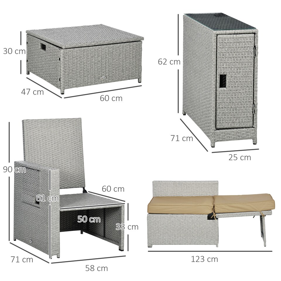 image 1 of Outsunny 5PC PE Rattan Sun Lounger, Outdoor Wicker 5-level Adjustable Recliner Sofa Bed with Storage Side Table and Footstools, for Patio, Garden, Poolside, Beige