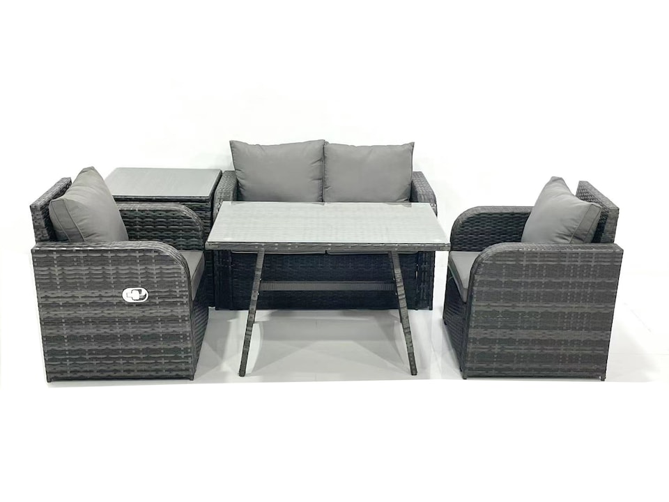 image 1 of Fimous Outdoor Garden Furniture Set Rattan Sofa Dining Table Set with Reclining Chair Side Table Dark Grey Mixed