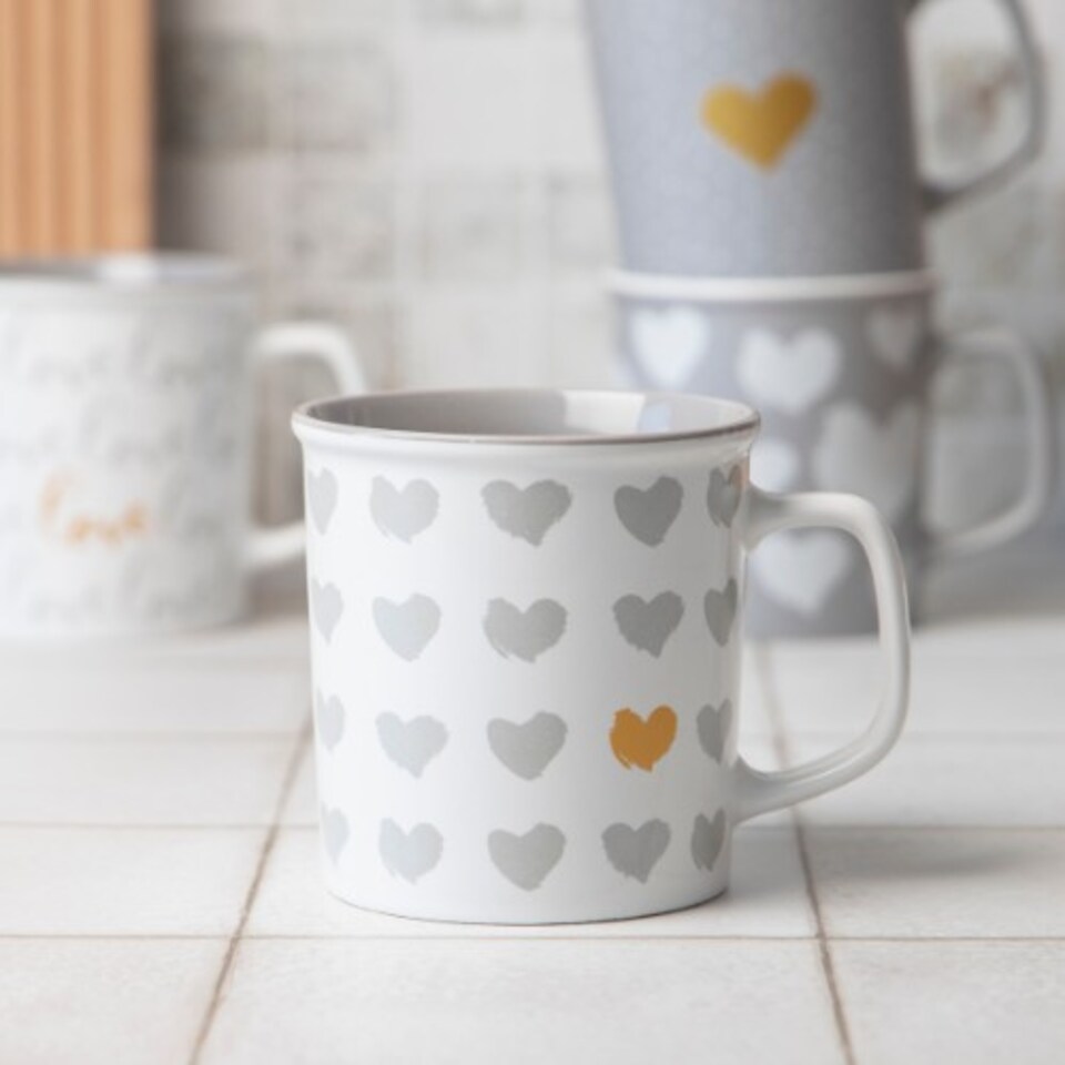 image 1 of Romantic Love Heart Print Ceramic Mug 440ml | Grey | Sweetheart Grey Hearts | 440ml | 1