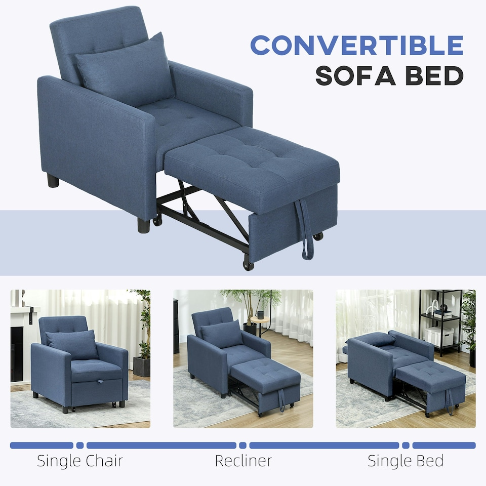 image 1 of HOMCOM Convertible Single Chair Bed with Upholstered Fabric, Blue Blue | Blue