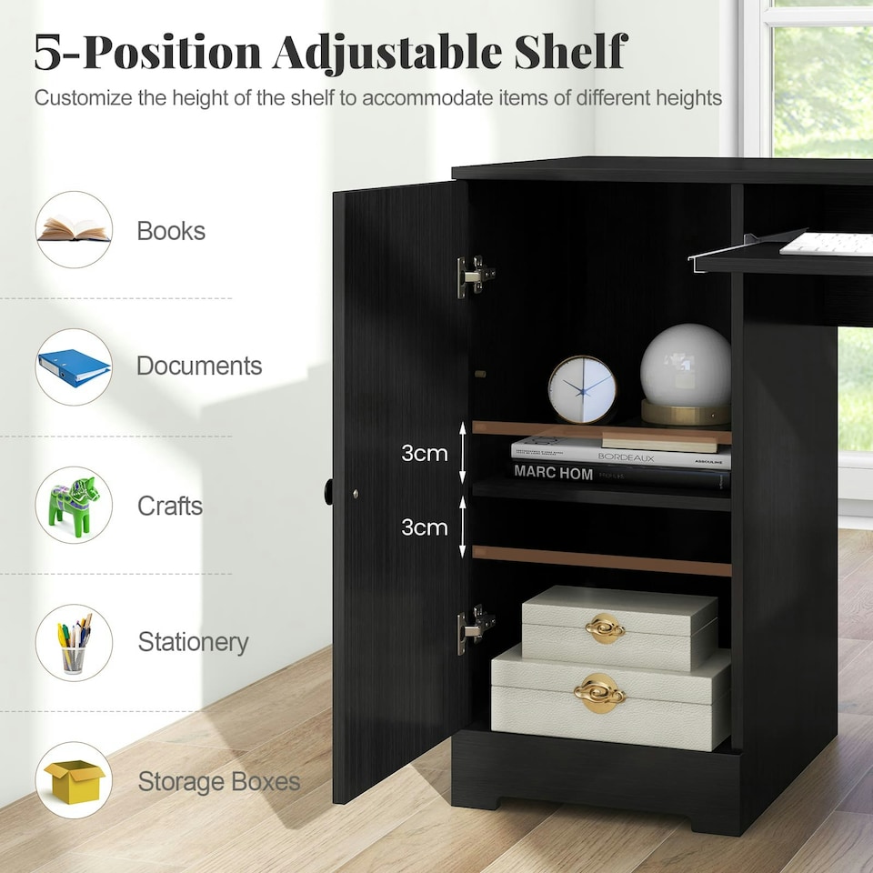 image 1 of COSTWAY 168 CM L-shaped Computer Desk w/Power Outlets Black Black