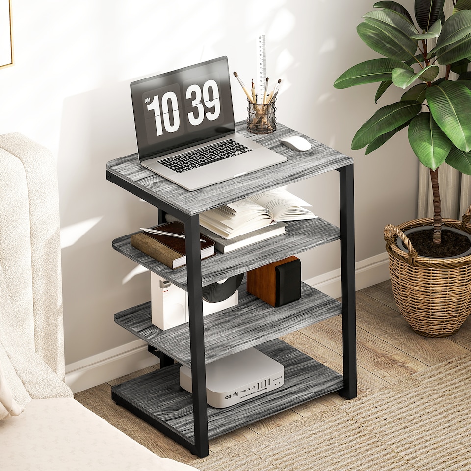 image 1 of HOMCOM HiFi Stand, 4-Tier Media Storage Shelf with Adjustable Shelves, Power Strip Rack for Router, Record Player, Printer, Industrial TV Stand for up to 28 Inch TVs, Dark Grey | Grey | 1